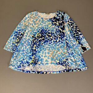 Dana Buchman Blouse Tunic Top Women's Large Blue White Abstract Print 3/4 Sleeve